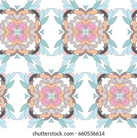 Vector seamless pattern with mandala shape. Vintage colored floral decorative repainting background with boho chic style and ethnic motifs. Abstract geometric flower with round symmetry.