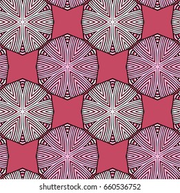 Vector seamless pattern with mandala shape. Vintage colored floral decorative repainting background with boho chic style and ethnic motifs. Abstract geometric flower with round symmetry.