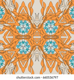 Vector seamless pattern with mandala shape. Vintage colored floral decorative repainting background with boho chic style and ethnic motifs. Abstract geometric flower with round symmetry.