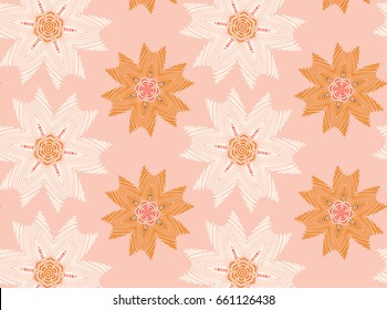 Vector seamless pattern with mandala shape. Vintage colored floral decorative repainting background with boho chic style and ethnic motifs. Abstract geometric flower with round symmetry.