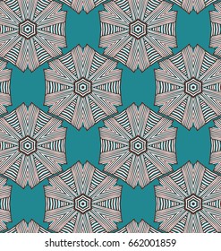 Vector seamless pattern with mandala shape. Vintage colored floral decorative repainting background with boho chic style and ethnic motifs. Abstract geometric flower with round symmetry.