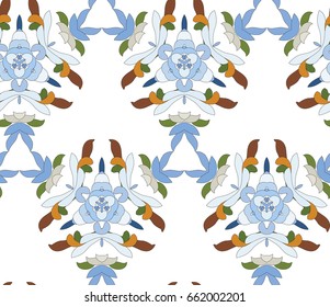Vector seamless pattern with mandala shape. Vintage colored floral decorative repainting background with boho chic style and ethnic motifs. Abstract geometric flower with round symmetry.