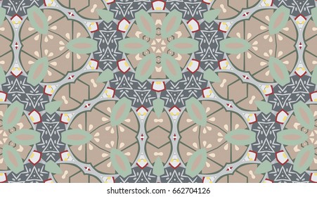 Vector seamless pattern with mandala shape. Vintage colored floral decorative repainting background with boho chic style and ethnic motifs. Abstract geometric flower with round symmetry.