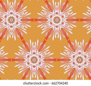 Vector seamless pattern with mandala shape. Vintage colored floral decorative repainting background with boho chic style and ethnic motifs. Abstract geometric flower with round symmetry.