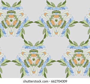 Vector seamless pattern with mandala shape. Vintage colored floral decorative repainting background with boho chic style and ethnic motifs. Abstract geometric flower with round symmetry.