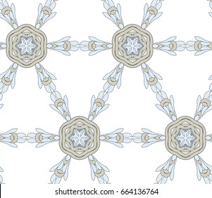 Vector seamless pattern with mandala shape. Vintage colored floral decorative repainting background with boho chic style and ethnic motifs. Abstract geometric flower with round symmetry.