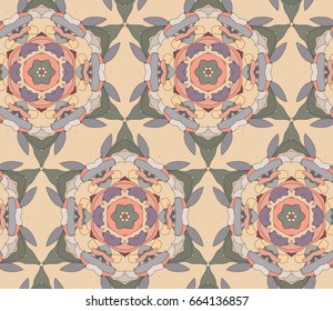 Vector seamless pattern with mandala shape. Vintage colored floral decorative repainting background with boho chic style and ethnic motifs. Abstract geometric flower with round symmetry.