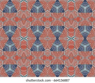 Vector seamless pattern with mandala shape. Vintage colored floral decorative repainting background with boho chic style and ethnic motifs. Abstract geometric flower with round symmetry.
