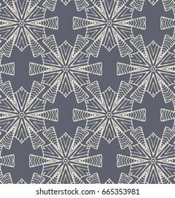 Vector seamless pattern with mandala shape. Vintage colored floral decorative repainting background with boho chic style and ethnic motifs. Abstract geometric flower with round symmetry.