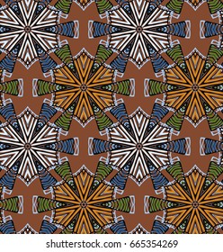 Vector seamless pattern with mandala shape. Vintage colored floral decorative repainting background with boho chic style and ethnic motifs. Abstract geometric flower with round symmetry.