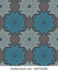 Vector seamless pattern with mandala shape. Vintage colored floral decorative repainting background with boho chic style and ethnic motifs. Abstract geometric flower with round symmetry.