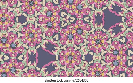 Vector seamless pattern with mandala shape. Vintage colored floral decorative repainting background with boho chic style and ethnic motifs. Abstract geometric flower with round symmetry.