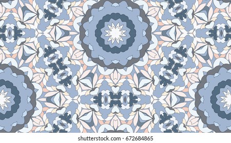 Vector seamless pattern with mandala shape. Vintage colored floral decorative repainting background with boho chic style and ethnic motifs. Abstract geometric flower with round symmetry.