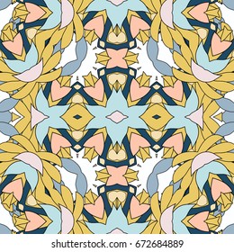 Vector seamless pattern with mandala shape. Vintage colored floral decorative repainting background with boho chic style and ethnic motifs. Abstract geometric flower with round symmetry.