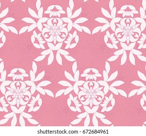 Vector seamless pattern with mandala shape. Vintage colored floral decorative repainting background with boho chic style and ethnic motifs. Abstract geometric flower with round symmetry.