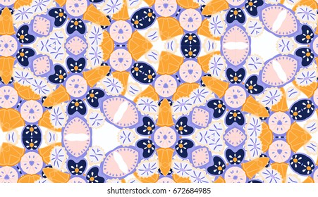 Vector seamless pattern with mandala shape. Vintage colored floral decorative repainting background with boho chic style and ethnic motifs. Abstract geometric flower with round symmetry.