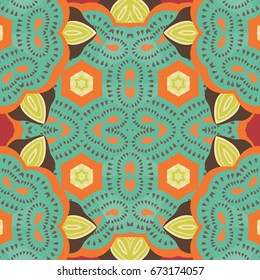 Vector seamless pattern with mandala shape. Vintage colored floral decorative repainting background with boho chic style and ethnic motifs. Abstract geometric flower with round symmetry.