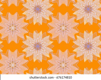 Vector seamless pattern with mandala shape. Vintage colored floral decorative repainting background with boho chic style and ethnic motifs. Abstract geometric flower with round symmetry.