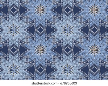 Vector seamless pattern with mandala shape. Vintage colored floral decorative repainting background with boho chic style and ethnic motifs. Abstract geometric flower with round symmetry.