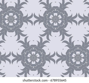 Vector seamless pattern with mandala shape. Vintage colored floral decorative repainting background with boho chic style and ethnic motifs. Abstract geometric flower with round symmetry.