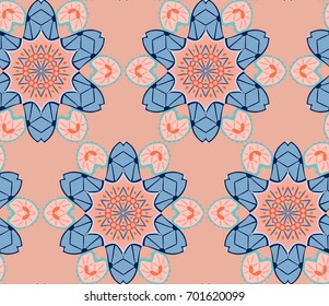 Vector seamless pattern with mandala shape. Vintage colored floral decorative repainting background with boho chic style and ethnic motifs. Abstract geometric flower with round symmetry.