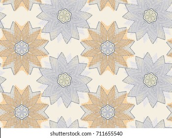 Vector seamless pattern with mandala shape. Vintage colored floral decorative repainting background with boho chic style and ethnic motifs. Abstract geometric flower with round symmetry.