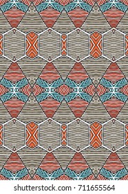 Vector seamless pattern with mandala shape. Vintage colored floral decorative repainting background with boho chic style and ethnic motifs. Abstract geometric flower with round symmetry.