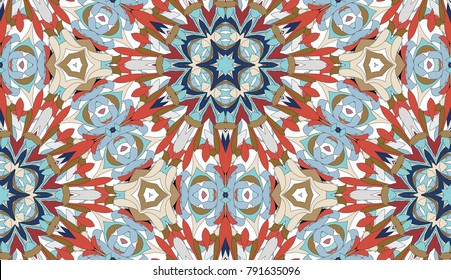 Vector seamless pattern with mandala shape. Vintage colored floral decorative repainting background with boho chic style and ethnic motifs. Abstract geometric flower with round symmetry.