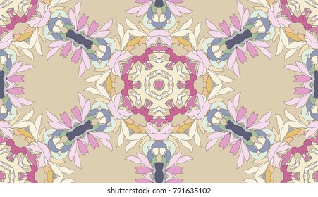 Vector seamless pattern with mandala shape. Vintage colored floral decorative repainting background with boho chic style and ethnic motifs. Abstract geometric flower with round symmetry.