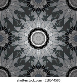 Vector seamless pattern of mandala. White Oriental Ornament on grey background. Arabic, Indian motifs.