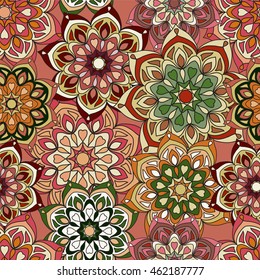 Vector seamless pattern of mandalas. Colorful ornament of round decorative elements. Template for shawl, carpet, wallpaper, wrapping.
