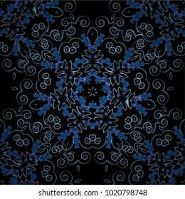 Vector seamless pattern with Mandalas in damask style. Black, blue and violet filigree ornament. Elegant template for wallpaper, wrapping, textile, shawl, carpet.
