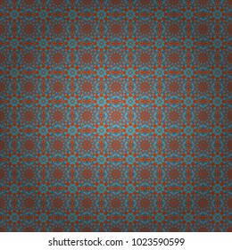 Vector seamless pattern with Mandalas in damask style. Brown, blue and orange filigree ornament. Elegant template for wallpaper, wrapping, textile, shawl, carpet.