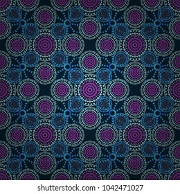 Vector seamless pattern with Mandalas in damask style. Blue, purple and black filigree ornament. Elegant template for wallpaper, wrapping, textile, shawl, carpet.