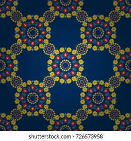 Vector seamless pattern with Mandalas in damask style. Magenta, yellow and blue filigree ornament. Elegant template for wallpaper, wrapping, textile, shawl, carpet.