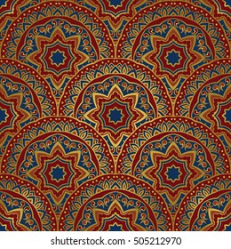 Vector seamless pattern of mandalas with golden contour. Colorful  ornament of round decorative elements. Background with stylized abstract plates. Template for shawl, carpet, linen, textile.