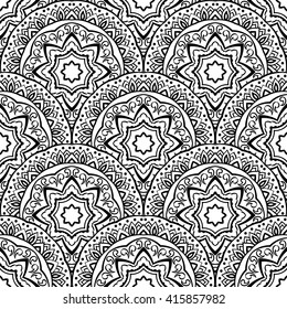 Vector seamless pattern of mandalas. Ornament of round decorative elements. Ethnic background with stylized abstract plates. Template for curtain, tablecloth, carpet.