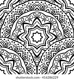 Vector seamless pattern of mandalas. Ornament of round decorative elements. Ethnic background with stylized abstract plates. Template for curtain, tablecloth, carpet.