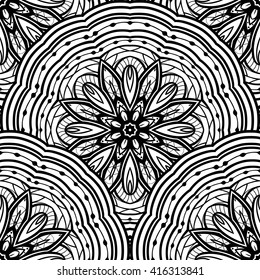 Vector seamless pattern of mandalas. Ornament of round decorative elements. Ethnic background with stylized abstract plates. Template for curtain, textile, linen, carpet.
