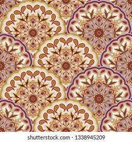 Vector seamless pattern of mandalas. Traditional Eastern pattern of circular graphic elements. Background with stylized abstract Indian, Islamic, Persian, Arabic rosettes. Suitable for printing on fab