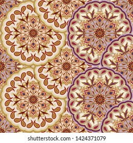 Vector seamless pattern of mandalas. Traditional Eastern pattern of circular graphic elements. Background with stylized abstract Indian, Islamic, Persian, Arabic rosettes. Suitable for printing on fab