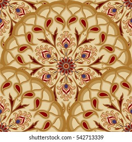 Vector seamless pattern of mandalas. Traditional Eastern pattern of circular graphic elements. Background with stylized abstract Indian, Islamic, Persian, Arabic rosettes.