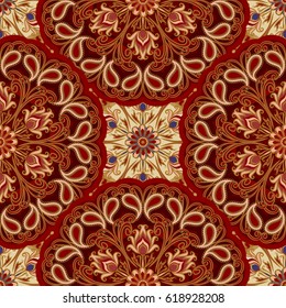Vector seamless pattern of mandalas. Traditional Eastern pattern of circular graphic elements. Background with stylized abstract Indian, Islamic, Persian, Arabic rosettes.