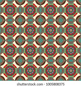 Vector seamless pattern with mandalas, trendy print. Arabic, Nepali, Indian, ottoman, oriental motifs. Vintage decorative elements. Unique asian pattern in blue, brown and beige colors.