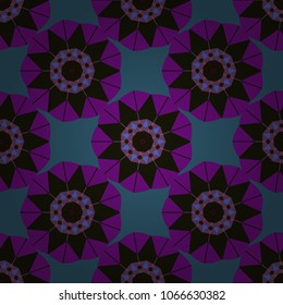 Vector seamless pattern with mandalas, trendy print. Arabic, Nepali, Indian, ottoman, oriental motifs. Vintage decorative elements. Unique asian pattern in green, purple and black colors.