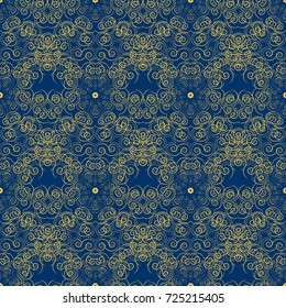 Vector seamless pattern with mandalas, trendy print. Unique asian pattern in yellow, blue and brown colors. Arabic, Nepali, Indian, ottoman, oriental motifs. Vintage decorative elements.