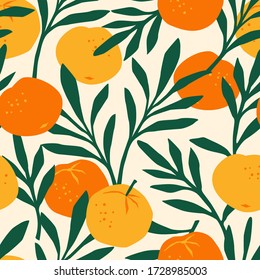 Vector seamless pattern with mandarins. Trendy hand drawn textures. Modern abstract design for paper, cover, fabric, interior decor and other users.