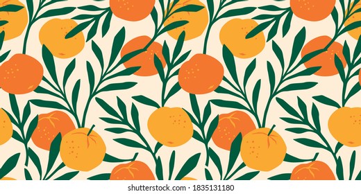 Vector seamless pattern with mandarins. Trendy hand drawn textures. Modern abstract design for paper, cover, fabric, interior decor and other users.