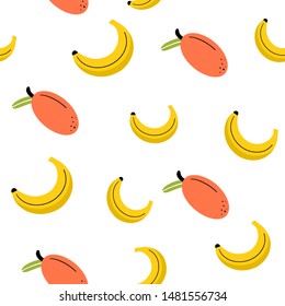 Vector seamless pattern with mango and banana. Flat, Doodle style
