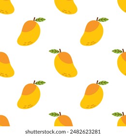 Vector sin costura patrón con frutas de mango. Frutas tropicales de verano sobre un fondo blanco. Envoltura o diseño de Fondo de pantalla. Bebé, niños, impresión infantil con mango. Fondo de comida exótica de verano.